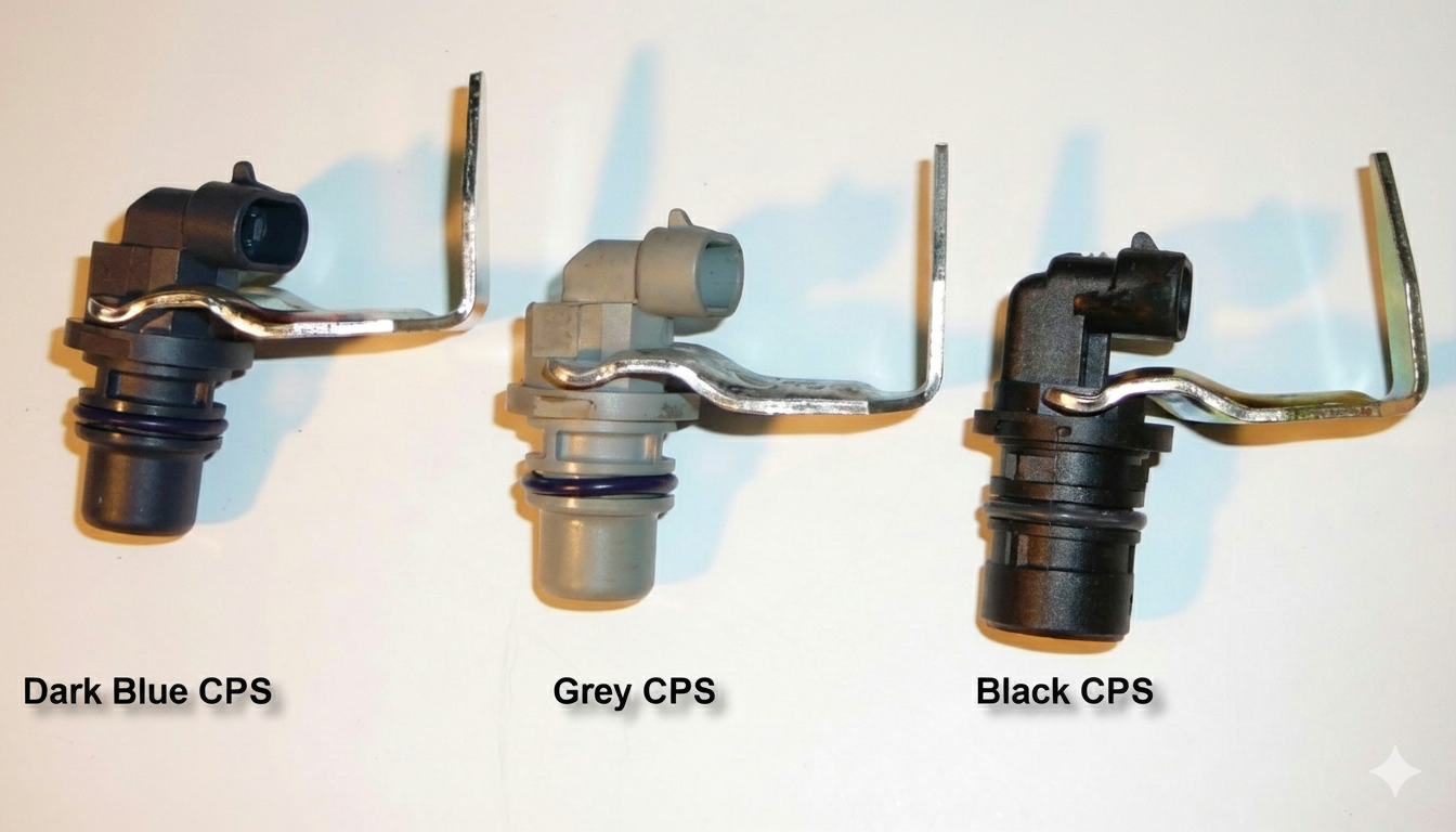 Side-by-side comparison of the three major 7.3L Powerstroke Camshaft Position Sensor (CPS) variants: Dark Blue CPS, Grey CPS, and Black CPS. Image shows physical housing differences, connector orientation, and factory-style retaining bracket. Commonly used for diagnosing drivability issues, no-start conditions, and RPM sync problems on 1994–2003 Ford 7.3 Powerstroke engines.